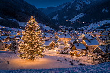snowy village at night, illuminated by glowing Christmas lights, creates magical winter scene. festive atmosphere is enhanced by beautifully lit Christmas tree, surrounded by charming houses