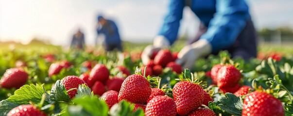 Harvesting fresh strawberries a glimpse into the labor-intensive process of berry picking in a vibrant agricultural field