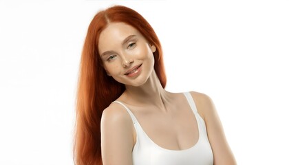 Fototapeta premium Self-care and wellness. Beautiful young red haired girl with slim body, posing in underwear isolated on white studio background. Concept of natural female beauty, body and skin care, health