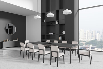 Modern conference room with large table and chairs, city view. 3D Rendering