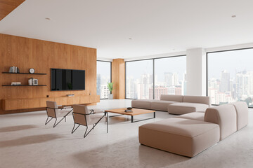 Modern living room interior design with large windows and city view. 3D Rendering