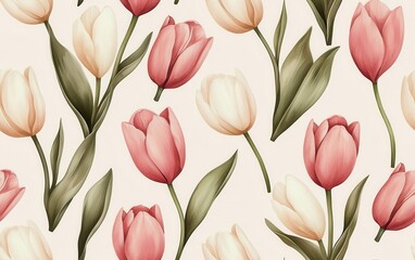 Obraz premium Minimalist watercolor tulips in soft pastels, arranged on a pale blue background, seamless repeat
