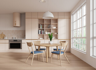 Modern kitchen interior with dining table and chairs. 3D Rendering