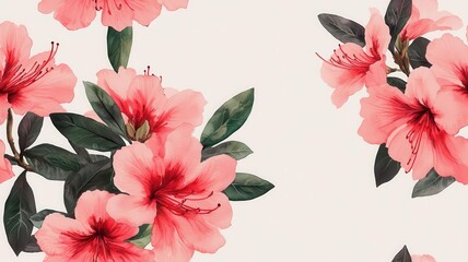 Fototapeta premium Watercolor azaleas in soft pink and red tones, minimal green leaves, scattered gently on a light background, seamless repeat