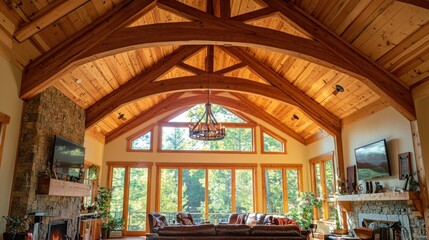 Rustic wooden beam spanning across a ceiling in a cozy, cabin-style interior.