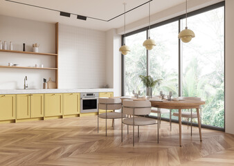 Modern kitchen and dining area with large windows and yellow cabinets. 3D Rendering