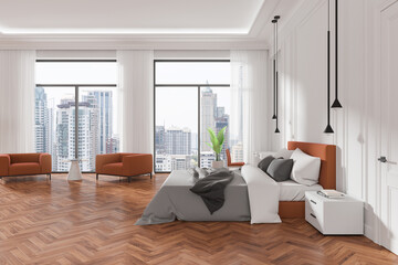 Modern bedroom interior with large windows and city view. 3D Rendering