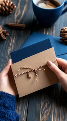 Cozy Invitation:  A woman's hands delicately hold a brown envelope tied with twine, nestled amidst a warm and inviting scene of coffee, cinnamon sticks, and pine cones.