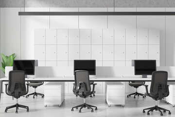 Modern minimalist office space with empty workstations. 3D Rendering