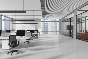 Corporate office interior with coworking and glass meeting room, window