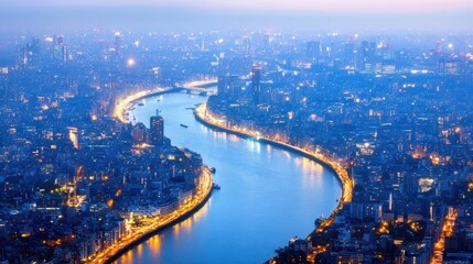 Fototapeta premium Aerial view of a city by the river at dusk, city lights glowing. Concept: urban landscape, serenity