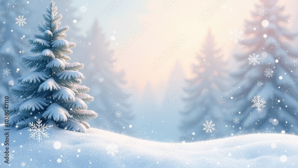 Poster a snowy forest with three pine trees in the foreground