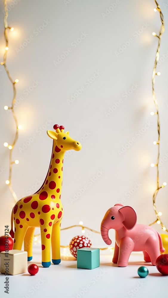 Poster a giraffe and an elephant are standing in front of a christmas tree