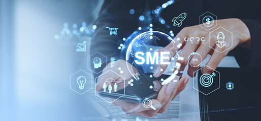 Business technology concept with hands and global network graphics.