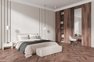 Luxury home bedroom interior with bed and beauty table with chair, shelf