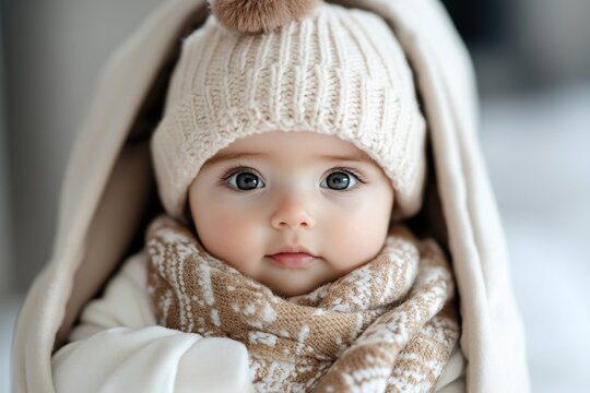 A charming baby with large captivating eyes wearing a knit hat and patterned scarf, wrapped warmly in winter attire while outdoors in a chilly setting.