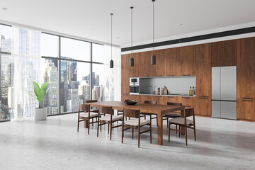 Modern dining room with city view and wooden furniture. 3D Rendering