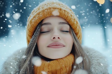 A woman with closed eyes and a serene expression basks in the falling snowflakes, wearing a warm yellow hat and scarf, embraced by a winter wonderland.