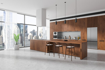 Modern kitchen interior with city view and wooden elements. 3D Rendering