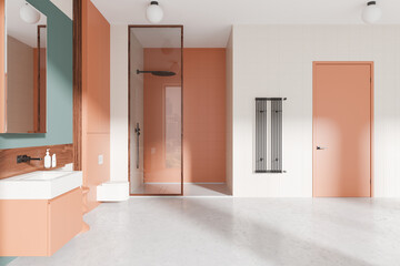 Bright home bathroom interior with sink and accessories, toilet and shower