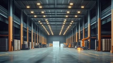 Obraz premium Warehouse Automation: A futuristic vision of a modern warehouse, illuminated by rows of overhead lights, showcasing automated robots efficiently handling and transporting goods.