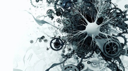 a pulsating neuron engulfed in a whirlwind of gears and cogs, symbolizing the synergy between mind and machine