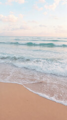 serene beach scene featuring gentle waves lapping at shore, with soft pastel colors in sky reflecting calm atmosphere. tranquil setting invites relaxation and peace