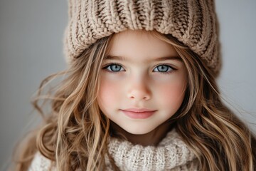A captivating portrait of a child with striking blue eyes and blonde hair framed by a knitted hat, portraying a serene and innocent expression against a simple background.