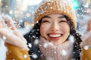 A cheerful woman with a bright smile, wearing a mustard yellow beanie and coat, surrounded by snowflakes, capturing the spirit of winter happiness and warmth.