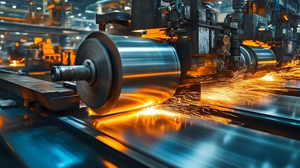 Fototapeta premium Automated rollers transport metal sheets through the production line at high speed. 