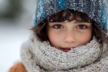 A child, with warm clothing and a snow-dusted knit hat, gazes intently forward, surrounded by the soft texture of falling snowflakes in a serene winter setting.