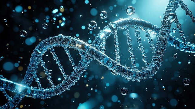 A hyper-realistic depiction of a double helix DNA on a blue background, adorned with three large water drops, a big bubble in the center, and small bubbles surrounding it, all illuminated by neon ligh