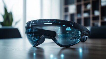 A sleek augmented reality (AR) device, contemporary workspace with digital interfaces, Augmented style