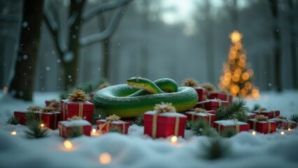 Snake curled among Christmas gifts in a snowy outdoor scene with glowing lights