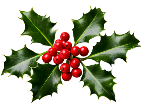 Close-up of holly leaves with red berries on a white background