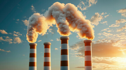 Fototapeta premium The image shows four industrial smokestacks emitting white smoke against a vibrant sky during sunset, symbolizing pollution and energy production.