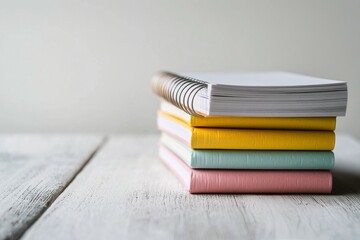 A stack of colorful notebooks and a blank notepad arranged neatly on a wooden table