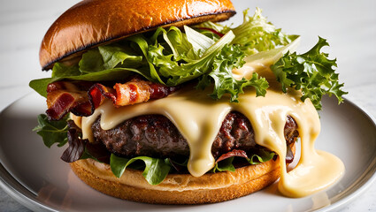 Hyper-realistic Gourmet Burger Close-Up with Juicy Beef Patty, Melted Cheese, Fresh Lettuce, and Brioche Bun