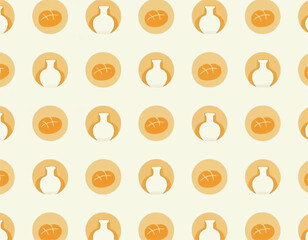 a set of hanukkah seamless pattern with challah breads and olive oil jugs on a beige background