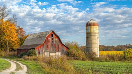 Obraz premium Historic barn with a traditional silo in a serene countryside setting during autumn