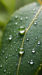 Close up of water droplets on green leaf, showcasing beauty of nature and intricate details of leafs texture. droplets reflect light, creating serene and refreshing atmosphere
