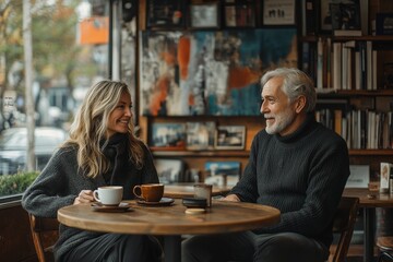Fototapeta premium Man and a woman are sitting at a table in a cafe, smiling at each other. They are drinking coffee and enjoying each other's company