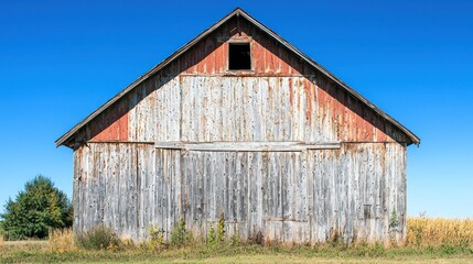 Obraz premium Old rustic barn with a weathered wooden exterior and a bright blue sky