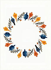 vector of a round frame with a picture of hanukkah dreidels and leaves forming a wreath