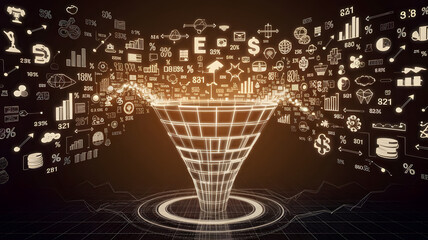 A glowing tunnel of financial symbols leading into a 3D funnel, representing the journey from raw data to valuable insights. ( Business Concept )
