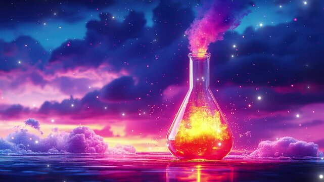 Witness a captivating potion bubbling as vibrant colors blend against a stunning sunset backdrop, filling the sky with magic. seamless looping 4K time-lapse virtual video animation background