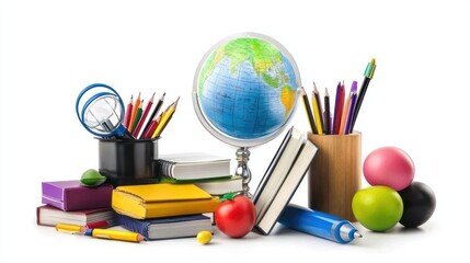 Colorful Stationery and Globe on Desk Displaying Learning Tools and Creativity