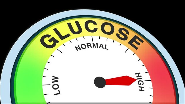 Glucose Level Text or Word Low and Medium to High Meter Concept Animation on Black Background and Blue Screen