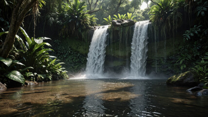 serene waterfall cascades into tranquil pool, surrounded by lush greenery and vibrant plants, creating peaceful natural oasis