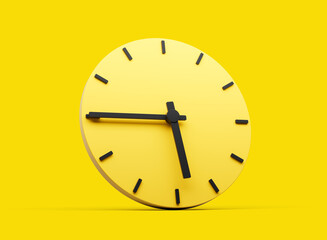3d Yellow Round Wall Clock 5:45 Five Forty Five Quarter To 6 On Yellow Background 3d illustration